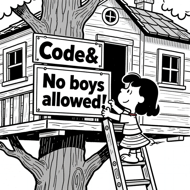 A frame as if from a comic in the black and white line style of the beano or snoopy shows a girl on a ladder attaching a secondary sign to a treehouse. The treehouse has a primary sign with the text Code& on it. The sign the girl is adding has the text "No boys allowed".